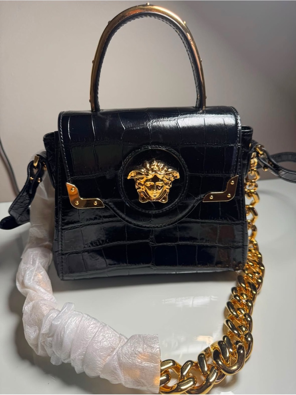 Versace Black Croc-Embossed Mini Bag with Gold Medusa Hardware
